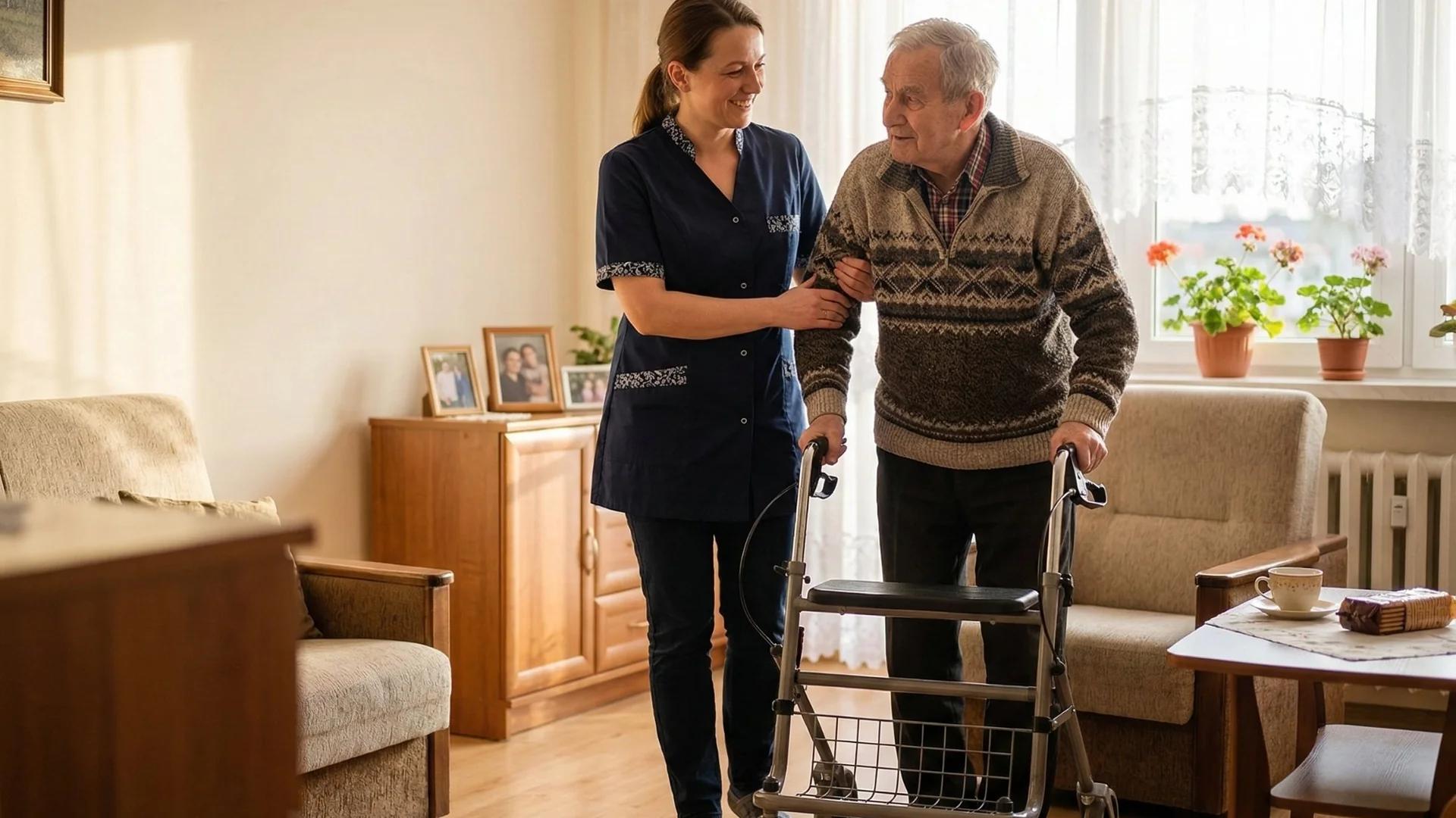 Opiekunka rozmawia z seniorką w domu